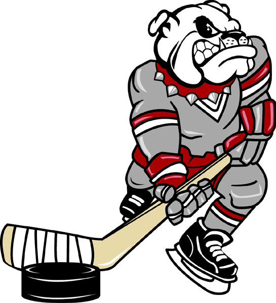 Bulldog hockey player mascot color vinyl sports decal. Personalize on line.  Bulldog Hockey